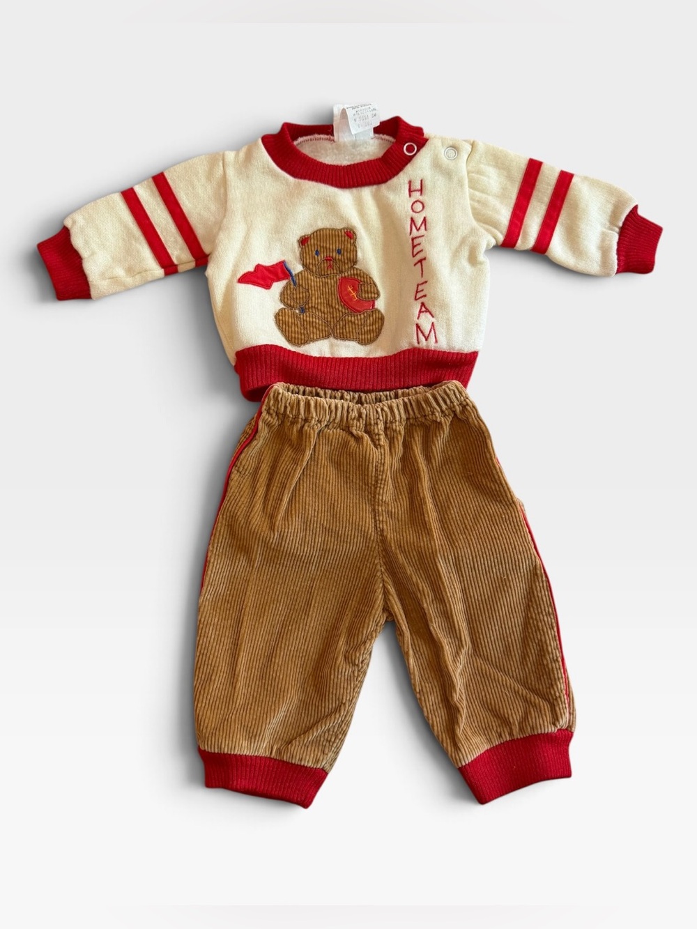 VTG 80s Playskool Baby Corduroy Teddy Bear Pants Outfit Set Newborn Home Team